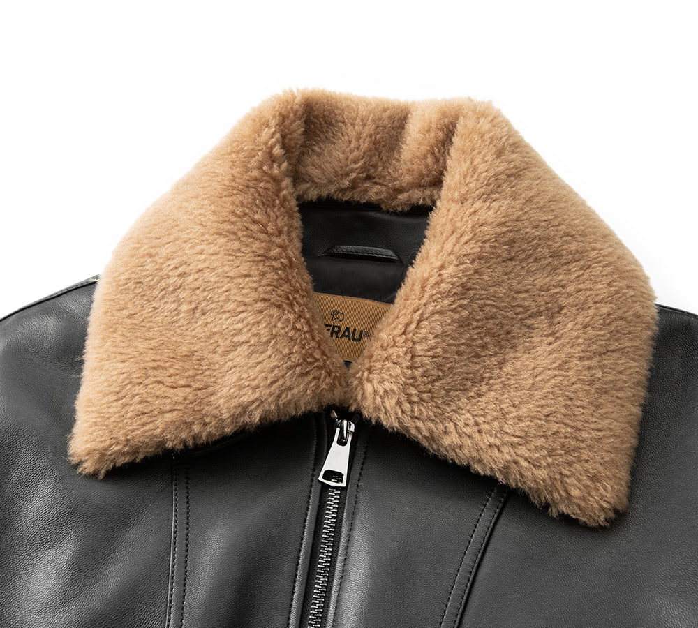 EVERAU® Sheepskin Leather Jacket Women Detachable Wool Collar Voco EVERAU
