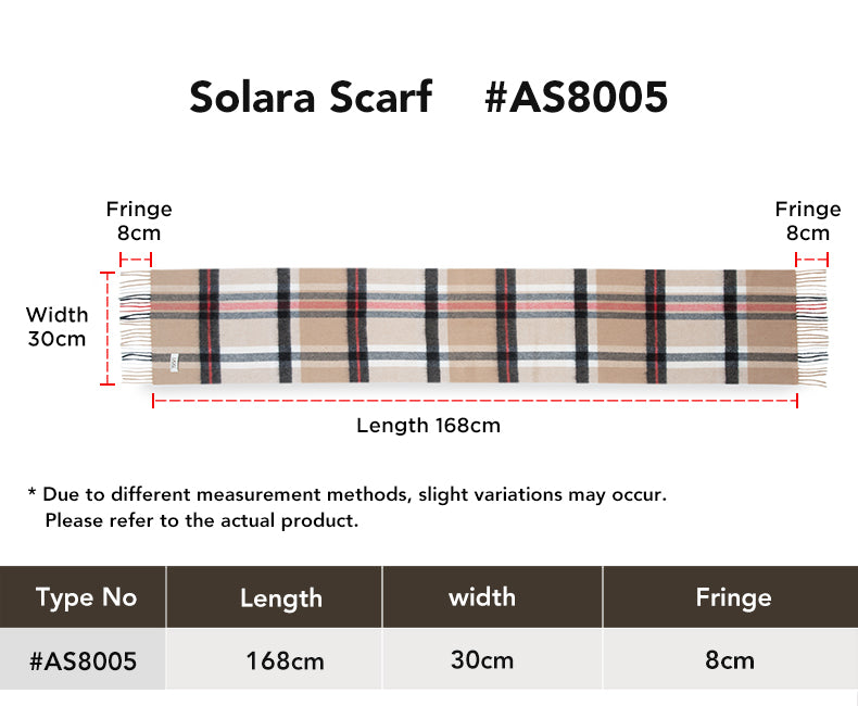 AUSTRALIAN SHEPHERD® 100% Wool Check Scarf Solara size chart
