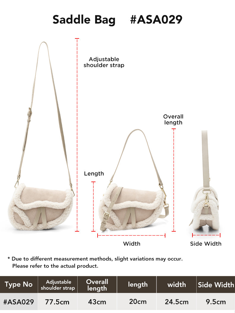 AUSTRALIAN SHEPHERD® Women Fluffy Wool  Over Shoulder Saddle Bag size chart