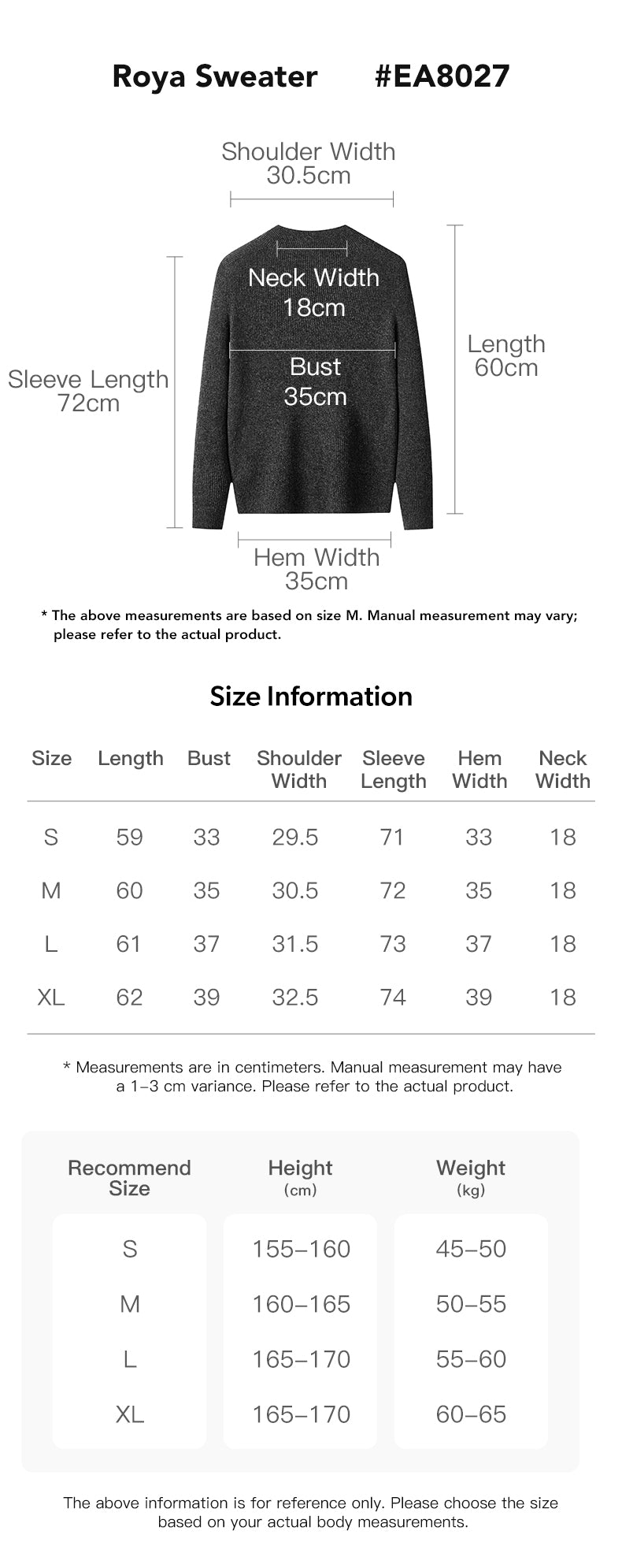 EVERAU® 100% Wool Sweater Roya size chart