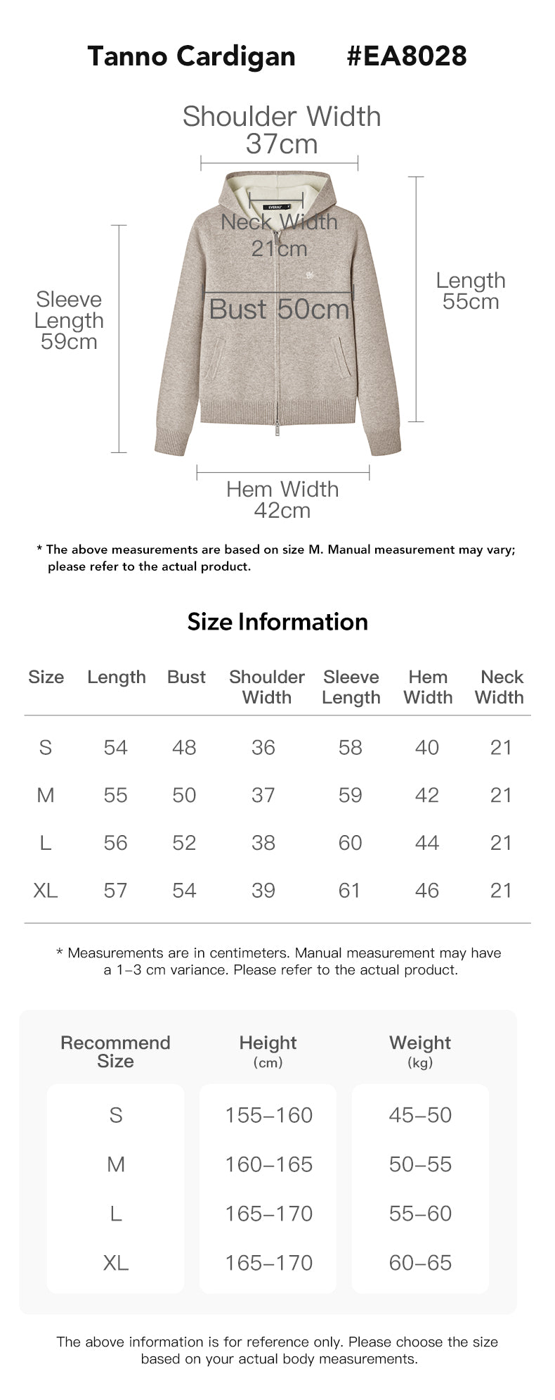 EVERAU® 100% Wool Cardigan Tanno size chart