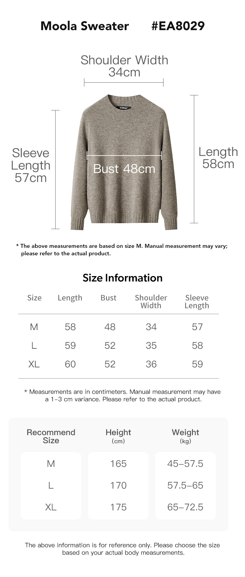 EVERAU® Yak Wool Cashmere Blend Sweater Moola size chart