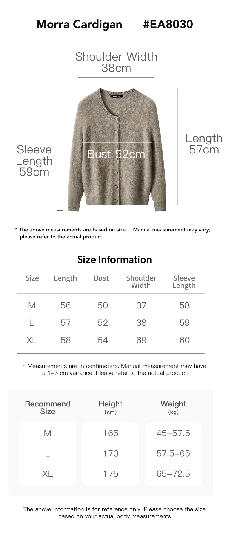 EVERAU® Yak Wool Cashmere Cardigan Morra size chart