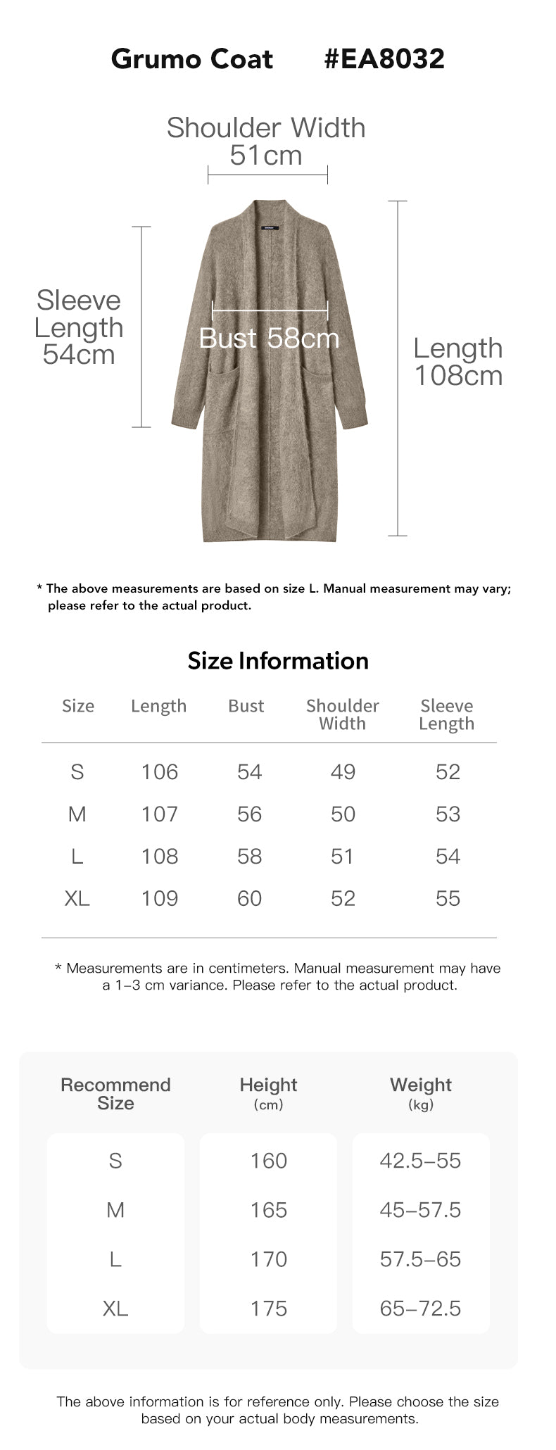EVERAU® Yak Wool Cashmere Blend Cardigan Grumo size chart