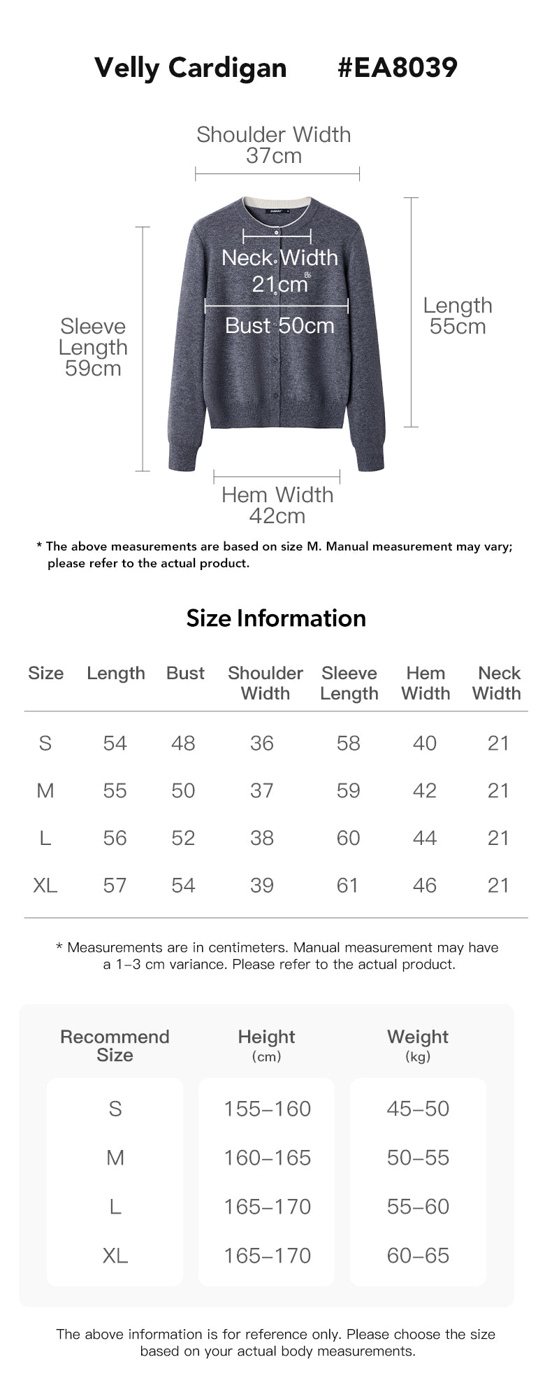 EVERAU® 100% Wool Cardigan Velly size chart