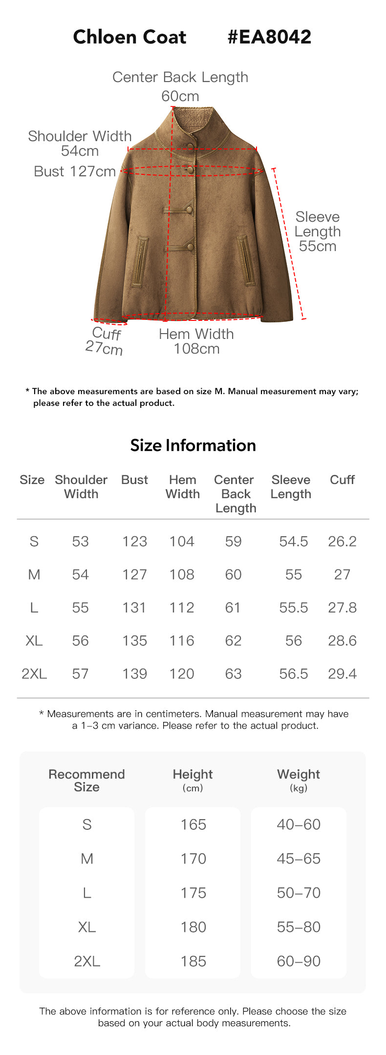 EVERAU® Wool Coat Chloen size chart