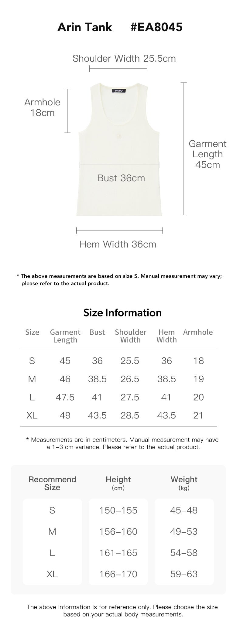 EVERAU® Women 100% Wool Arin Tank size chart