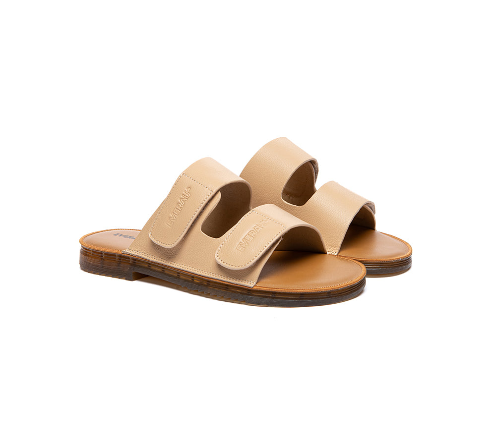 EVERAU® Women Slides Leather Ultra Soft Double Strap Flat Cova EVERAU