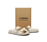 EVERAU® Leather Flat Sandals Women Double Strap Buckle Mounish EVERAU