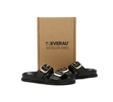 EVERAU® Leather Flat Sandals Women Double Strap Buckle Mounish EVERAU