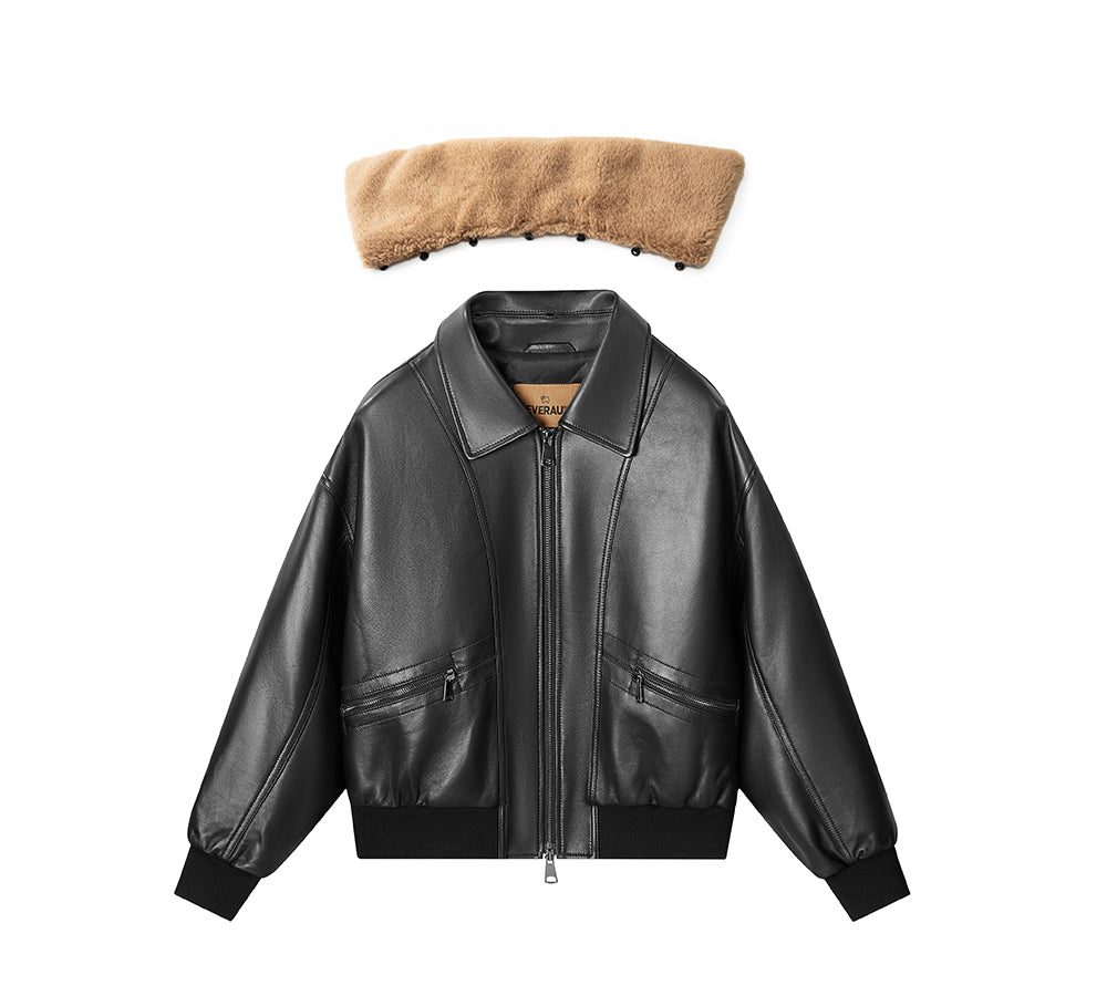 EVERAU® Sheepskin Leather Jacket Women Detachable Wool Collar Voco EVERAU