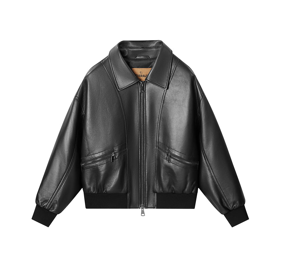 EVERAU® Sheepskin Leather Jacket Women Detachable Wool Collar Voco EVERAU