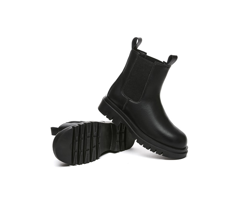 EVERAU® Women Leather Sheepskin Wool Black Chunky Boots Vaneta