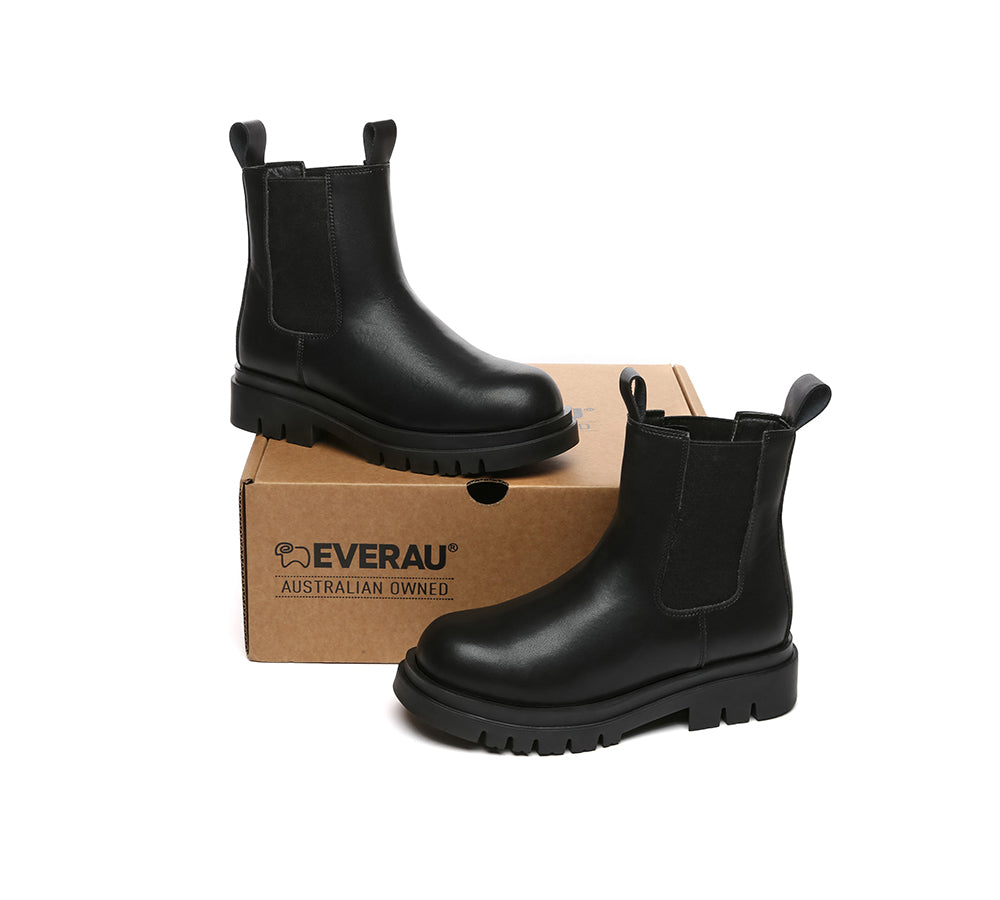 EVERAU® Women Leather Black Chunky Boots Vaneta
