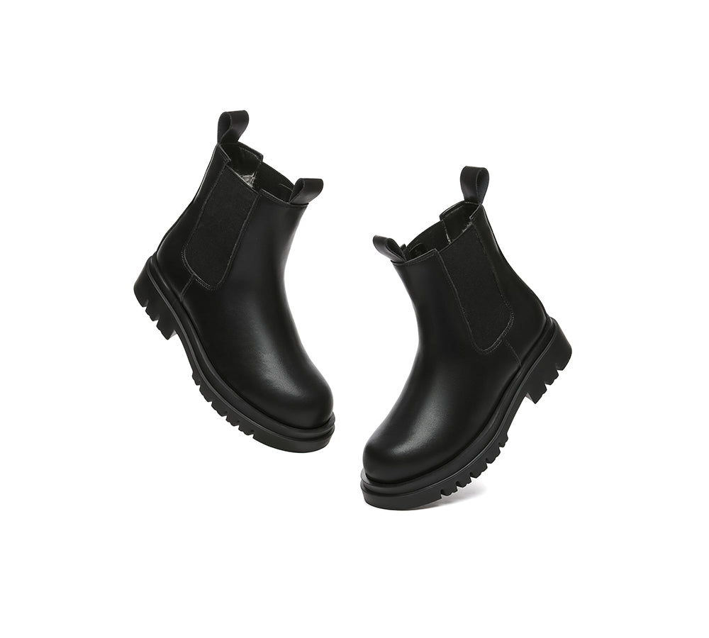 EVERAU® Women Leather Black Chunky Boots Vaneta