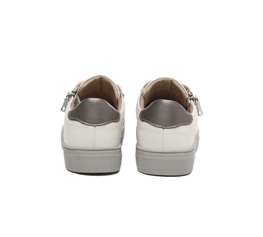 Sneakers - EVERAU® Women Leather Zip Decor Low-top White Sneakers Chloe