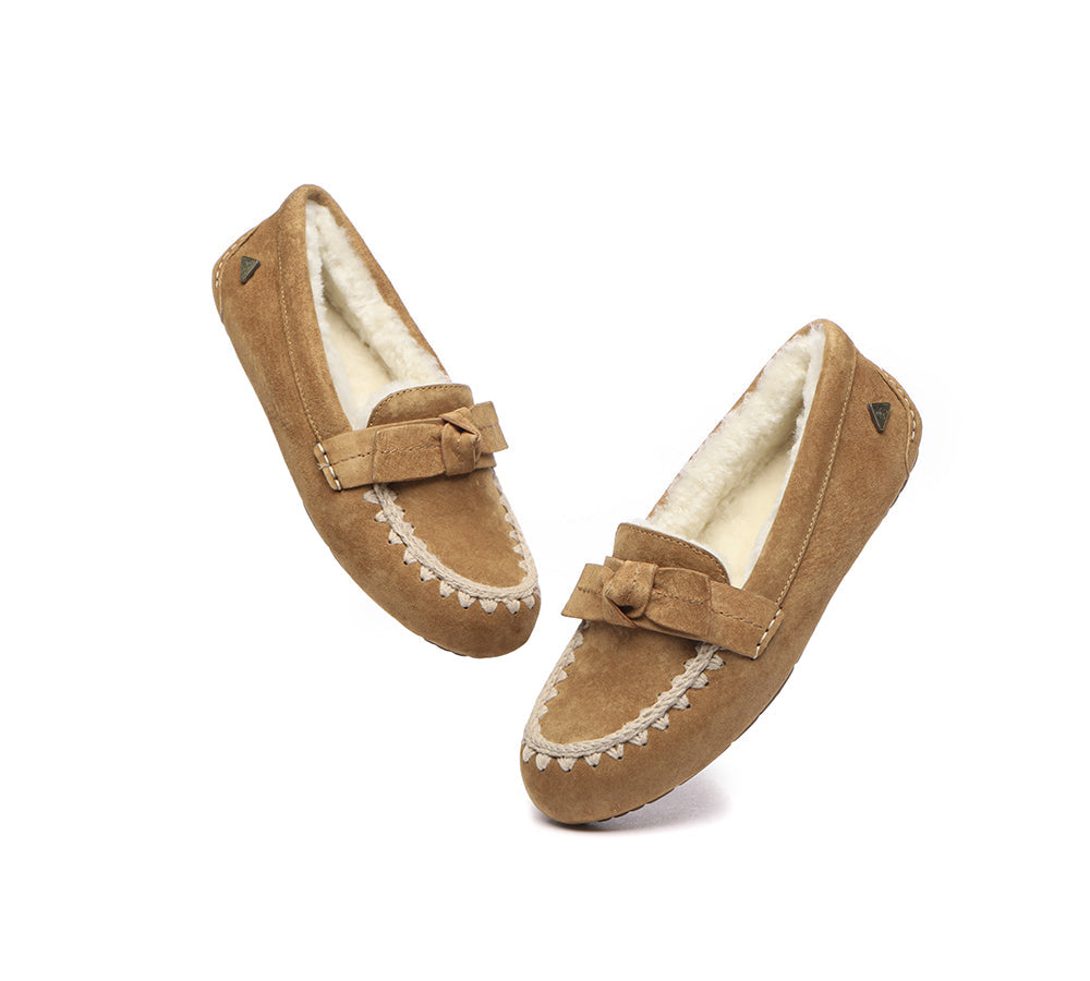 UGG Moccasins - EVERAU® UGG Women Sheepskin Wool Bow Ankle Slippers Woven Moccasins