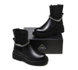 UGG Boots - Black Leather Ankle Boots With Removable Metal Chain Decor Women Cheska